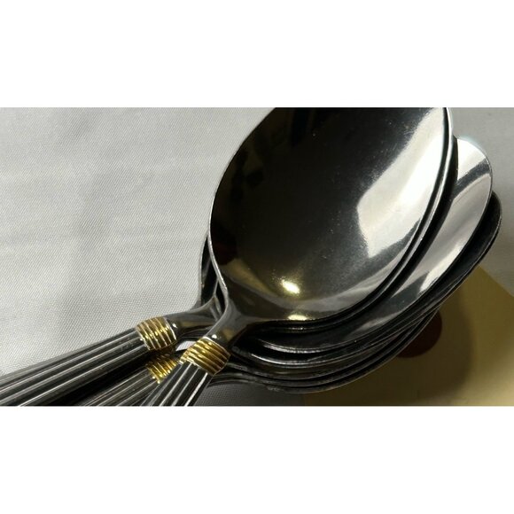 Stainless Steel Soup Spoons Ribbed Handle Silver W/Gold Accent Set of 8 Modern - Picture 4 of 8